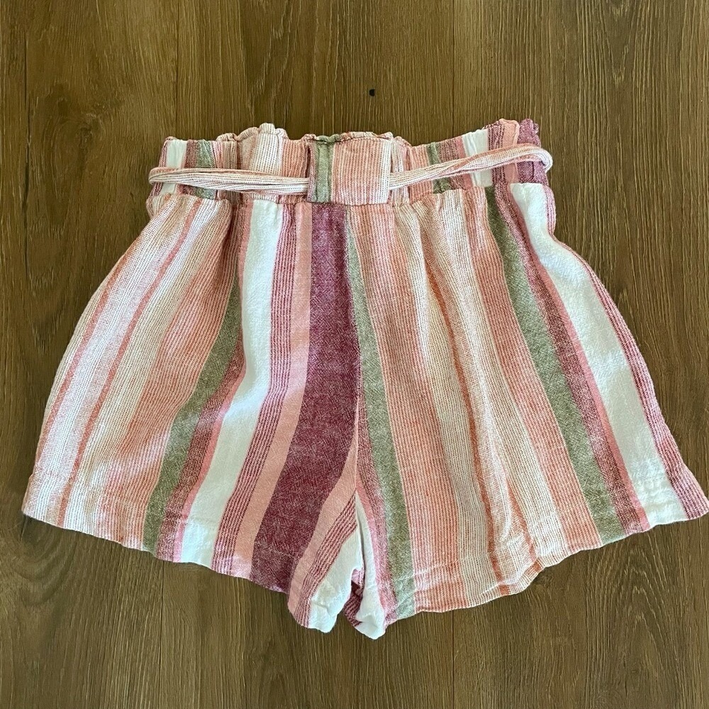 ban.jara Womens Medium Paper Bag Waist Shorts Linen Blend Striped Beach Summer - Picture 3 of 5